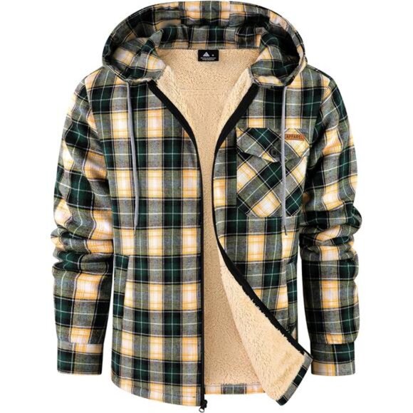 Men's Flannel Jacket Zip Up Fleece Sweatshirt Khaki Black - Picture 1 of 5